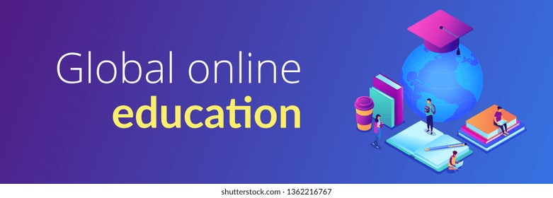 Students studying online among books and globe in graduation cap. Global online education, e-learning tools, internet training webinar concept. Isometric 3D banner header template copy space.