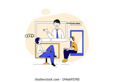 Students Studying In Online Degree Program Vector Illustration concept. Flat illustration isolated on white background.