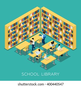 Students Studying  And Reading Books In Middle School Library With Bookshelves Educational Isometric Banner Abstract Vector Illustration