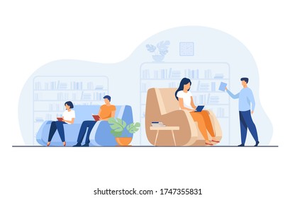 Students studying and reading in library. People sitting on sofa at bookcases and bookshelves flat vector illustration. Education concept for banner, website design or landing web page