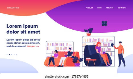 Students studying and reading in library. People sitting on sofa at bookcases and bookshelves flat vector illustration. Education concept for banner, website design or landing web page