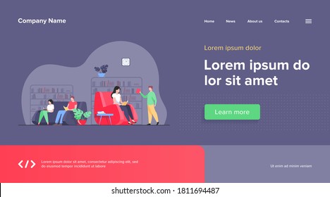 Students studying and reading in library. People sitting on sofa at bookcases and bookshelves flat vector illustration. Education concept for banner, website design or landing web page