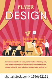 Students studying and reading in library. People sitting on sofa at bookcases and bookshelves flat vector illustration. Education concept for banner, website design or landing web page