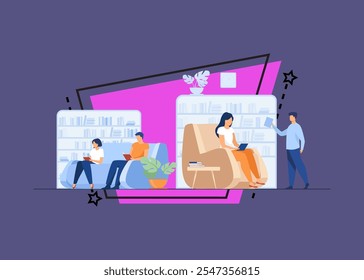 Students studying and reading in library. People sitting on sofa at bookcases and bookshelves flat vector illustration. Education concept for banner, website design or landing web page