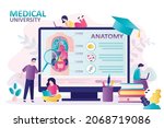 Students studying structure of human internal organs at lecture. People study remotely at medical university. Online anatomy lessons on computer. E-learning and medical education. Vector illustration