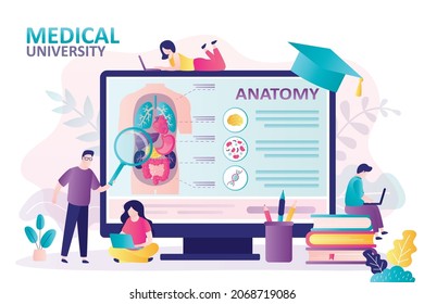 Students Studying Structure Of Human Internal Organs At Lecture. People Study Remotely At Medical University. Online Anatomy Lessons On Computer. E-learning And Medical Education. Vector Illustration