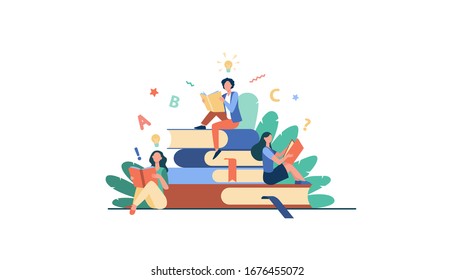 Students studying textbooks. Woman sitting on stack of books and reading. Vector illustration for library, bookworm, bookstore concept