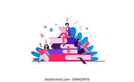 Students studying textbooks. Woman sitting on stack of books and reading. Vector illustration for library, bookworm, bookstore concept