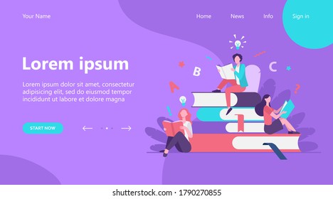 Students studying textbooks. Woman sitting on stack of books and reading. Vector illustration for library, bookworm, bookstore concept