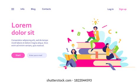 Students studying textbooks. Woman sitting on stack of books and reading. Vector illustration for library, bookworm, bookstore concept