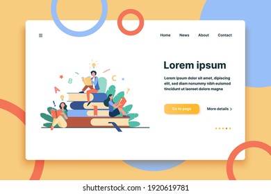 Students studying textbooks. Woman sitting on stack of books and reading. Vector illustration for library, bookworm, bookstore concept