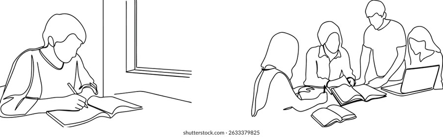 Estudantes estudando juntos ou sozinhos escrevendo livros de leitura com laptop e estilo minimalista de janela