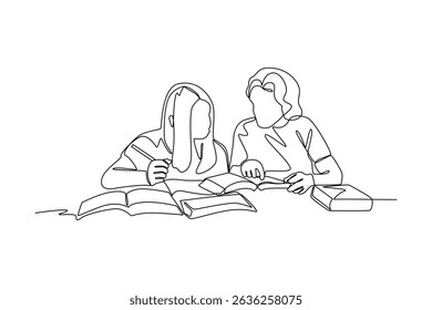 Students studying together, continuous line drawing depicting education