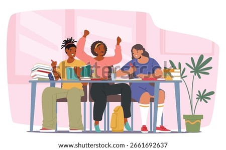 Students studying together enjoying learning activity helping each other with homework and education project vector illustration. Happy teenagers experiencing collaboration and teamwork cartoon scene