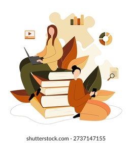 Students studying together using books, laptop and smartphone. Vector illustration of online education and researching