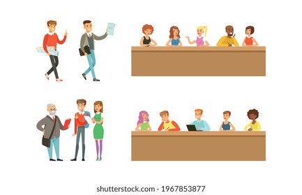 Students Studying at University Set, College and University Education, Students and Professors in Lecture Hall Cartoon Vector Illustration