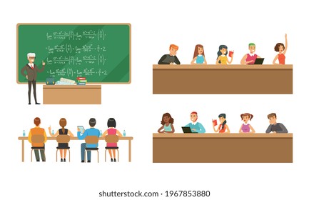 Students Studying at University Set, College and University Education, Students and Professors in Lecture Hall at Learning Process Cartoon Vector Illustration