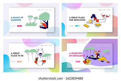 Students Studying Website Landing Page Set. Boys and Girls Reading Books and Working on Laptops at College or University Yard Background. Web Page Banner. Cartoon Flat Vector Illustration, Line Art