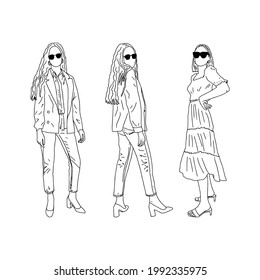 Students in stylish clothes. Linear style. Vector illustration.