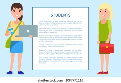 Students stylish school girls students blonde and brunette with handbags, notebook device, blue cup of coffee vector cartoon characters isolated