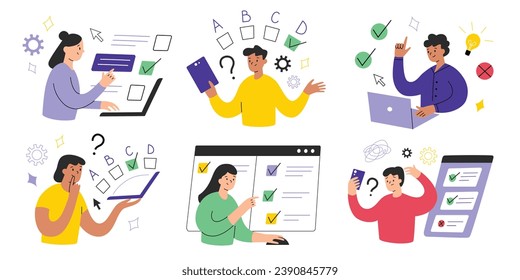 Students take online exam, cartoon characters take internet tests, hand drawn set of compositions with examination or survey, scene set with computers and cell phones, vector illustration of education