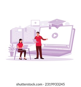 Students take part in online webinars using laptops. Concept of online education, e-learning and online courses. Trend Modern vector flat illustration.