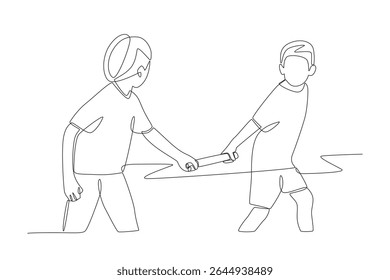 Os alunos participam de uma corrida de revezamento na escola. Desenho de uma linha do conceito de eventos escolares