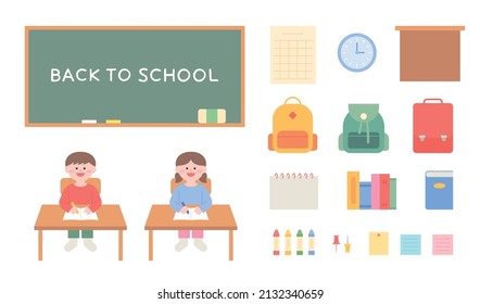 Students taking classes at school and classroom objects.