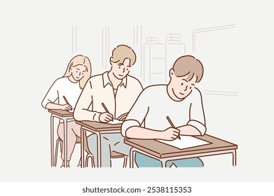 Estudantes fazendo um exame juntos. Ilustrações de design de vetor de estilo desenhado à mão.