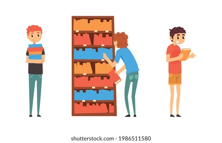 Students Taking and Reading Books in Public Library, People Choosing in Book in Bookstore Cartoon Vector Illustration