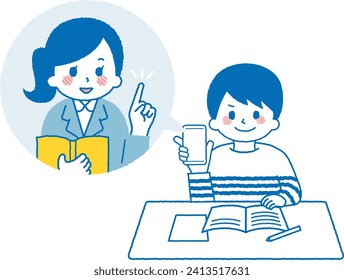 Students taking remote classes on smartphones. A boy studying in an online class.