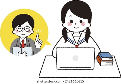 Students taking remote classes on computer. A girl studying in an online class.