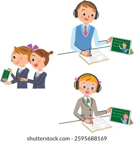 Students taking a teacher's class on a computer or mobile phone