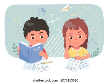 Students taking test exam, crossing answers, filling paper sheet questions. Kids write test sit at desk. Boy, girl doing school knowledge assessment examination. Flat vector character illustration