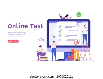 Students taking university exams remotely and temporarily. People writing test. Concept of online exam, online survey, testing, e-learning. Vector illustration in flat design for UI, banner, app