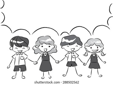 Students talk with blank speech bubble