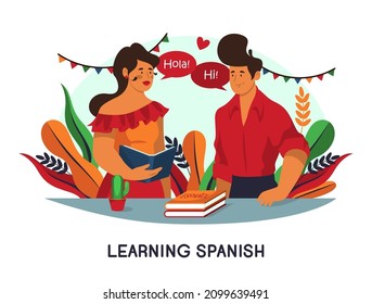 Students talk or learning spanish language, banner