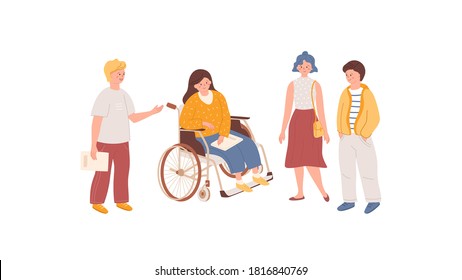 Students are talking to each other. Disabled girl in a wheelchair with friends. Social adaptation, inclusion concept. Character design bright colors. Vector illustration isolated on white background