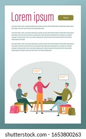 Students Talking in Group Flat Cartoon Poster Vector Illustration. Characters Communicating, Brainstorming. Learning or Studying. Bench with Books, Laptop and Hot Drink. Preparing for Lesson.