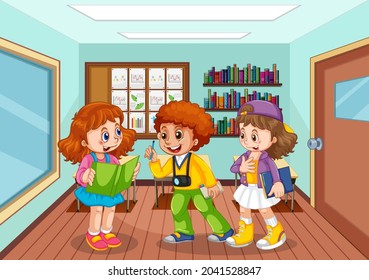 Estudantes conversando juntos na ilustração da sala de aula