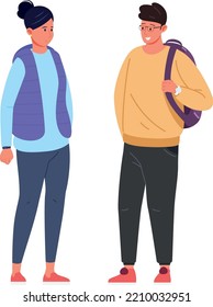 Students talking. Young friends conversation. Guy and girl standing isolated on white background