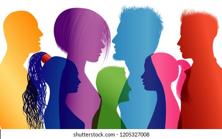 Students talking. Students. Young people. Young people talking. Dialogue between students. Colored silhouette profiles. Vector Multiple exposure