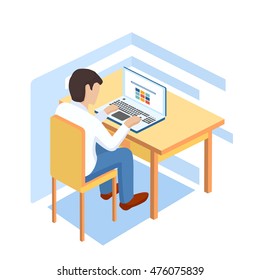 Students are taught remotely. Seeking information on the Internet. Remotely developing new knowledge. Isometric vector illustration