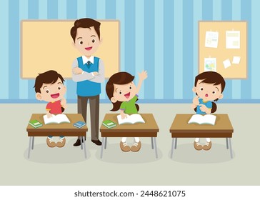 students and teacher in classroom children learning education concept