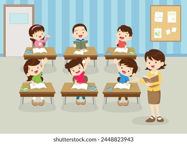 students and teacher in classroom children learning education concept