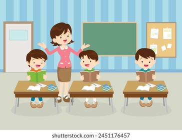 students and teacher in classroom children learning education concept