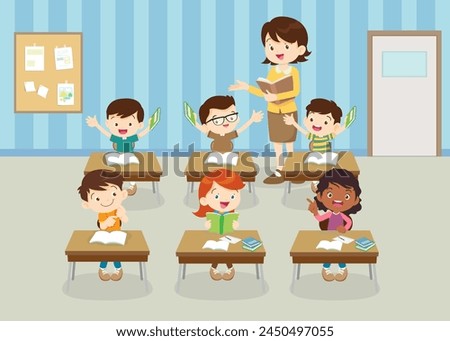 students and teacher in classroom children learning education concept