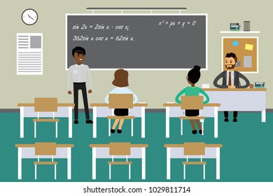 Students and teacher in classroom interior,school or college furniture and education process
,flat vector illustration