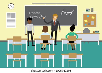 Students and teacher in classroom interior,school furniture and learning process
,flat vector illustration