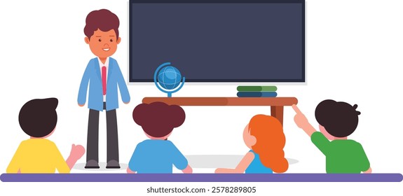 Students and Teacher in Classroom. Teacher near blackboard